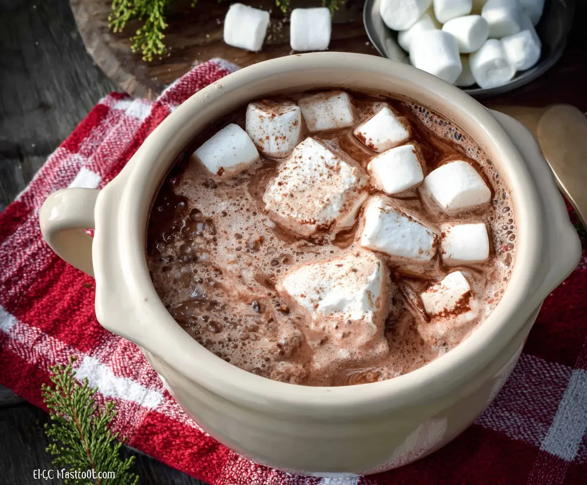 Creamy Christmas Eve Crockpot Hot Chocolate topped with whipped cream and festive sprinkles in a cozy setting.