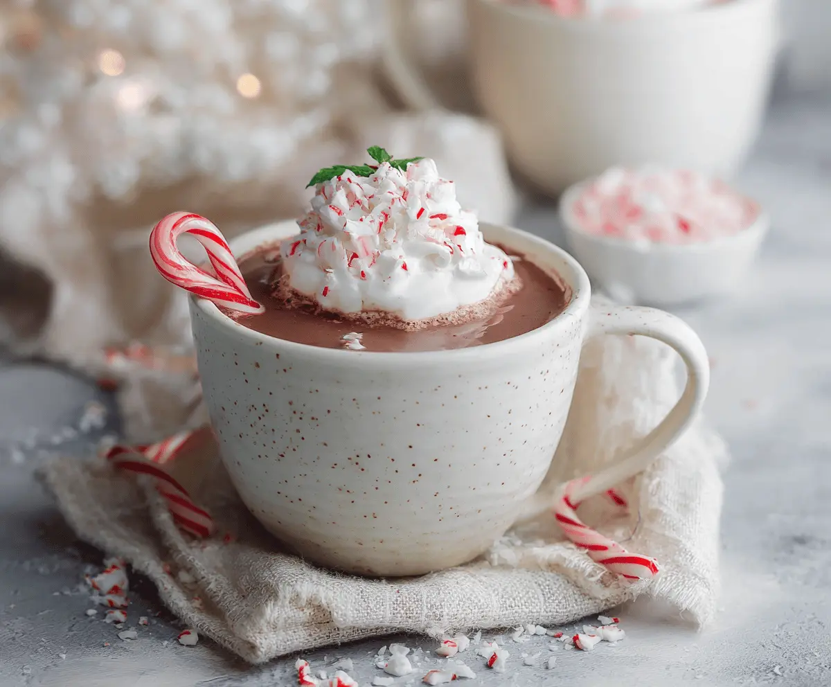 A festive cup of Christmas peppermint hot chocolate topped with whipped cream and crushed peppermint candies.