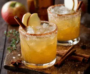 Refreshing Cinnamon Apple Cider Margarita in a glass garnished with apple slices and cinnamon stick.