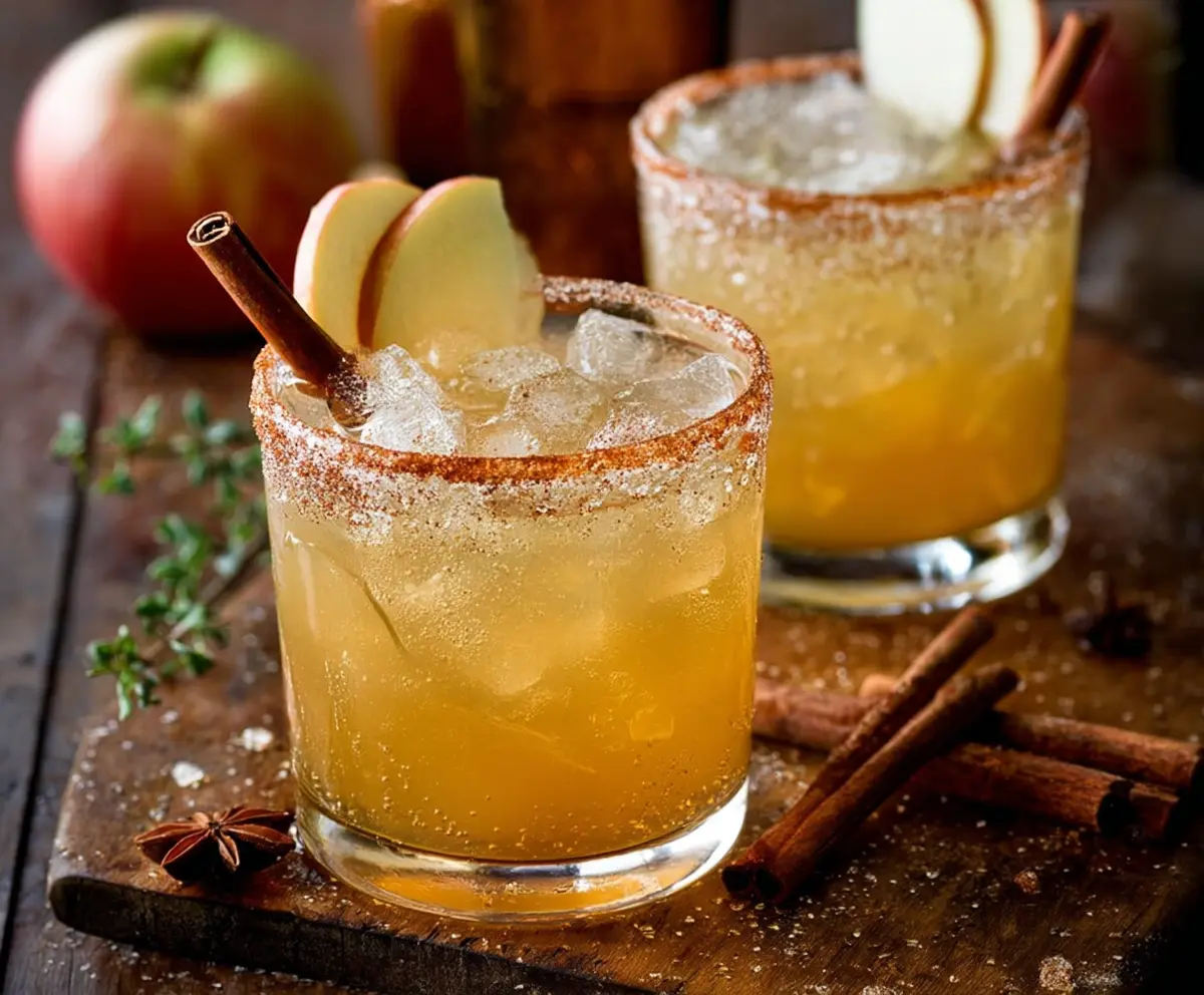 Refreshing Cinnamon Apple Cider Margarita in a glass garnished with apple slices and cinnamon stick.