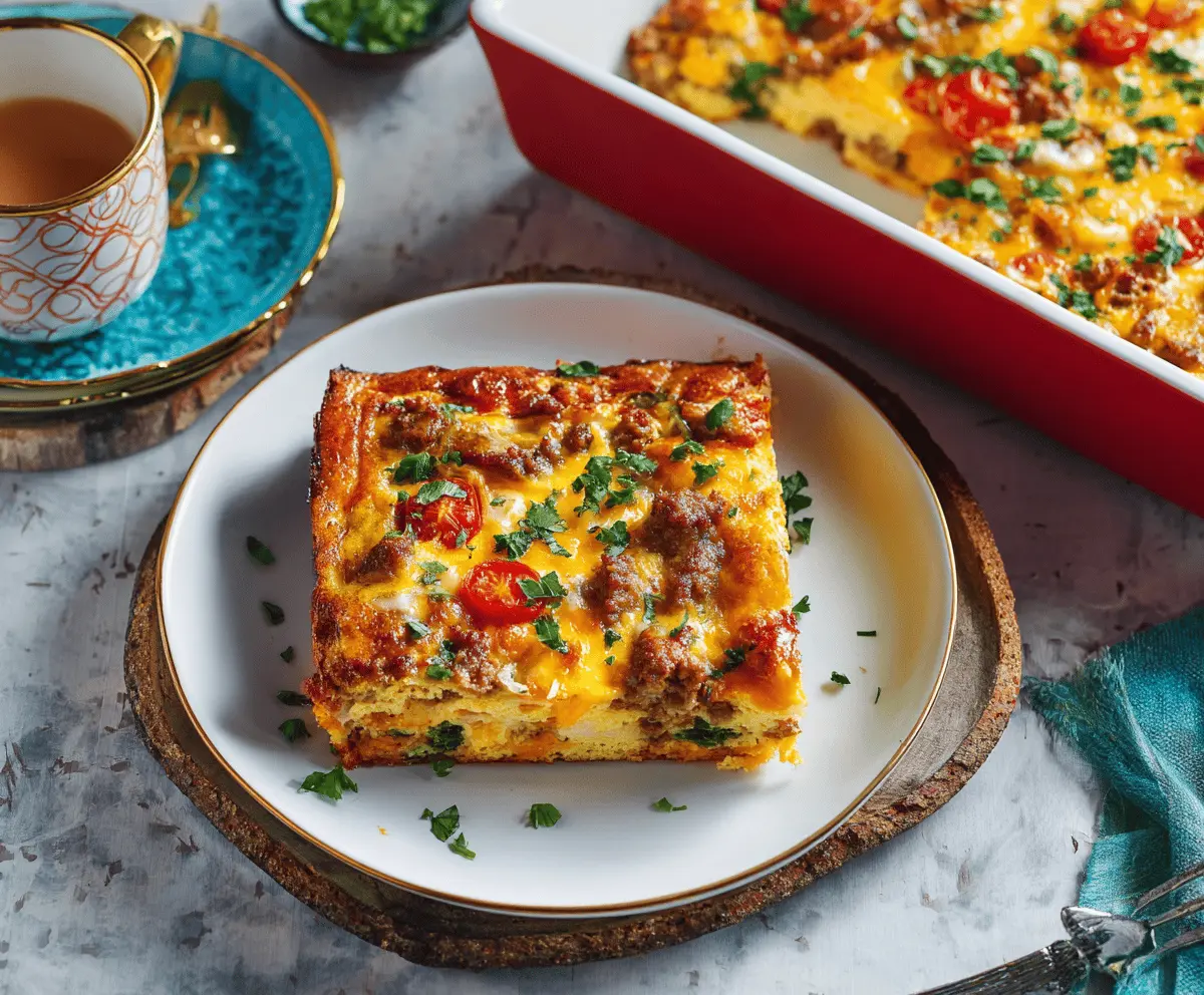 Hearty Cowboy Breakfast Casserole with eggs, sausage, and cheese in a baking dish