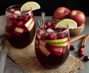 Refreshing Cranberry Apple Cider Sangria served in a glass with fresh cranberries and apple slices.