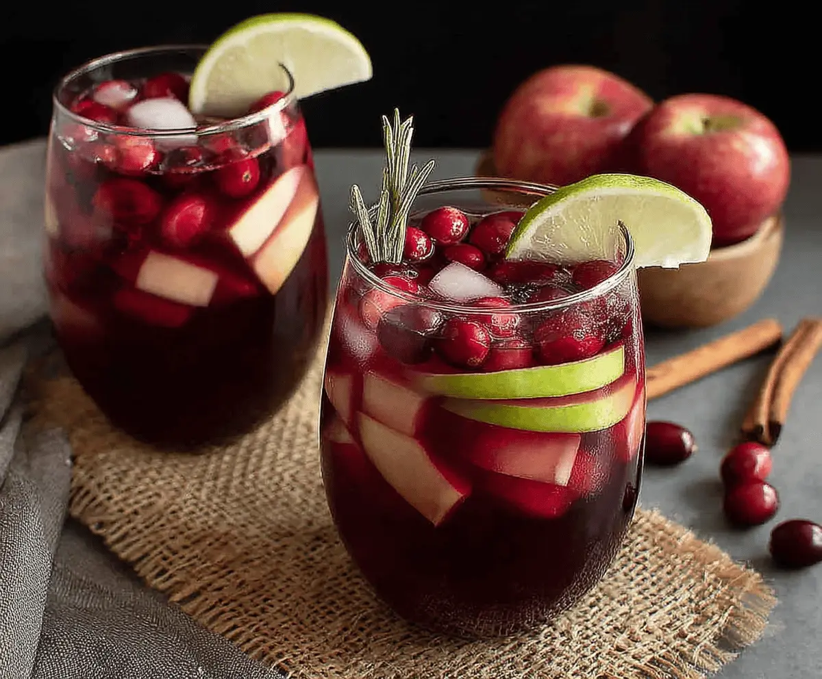 Refreshing Cranberry Apple Cider Sangria served in a glass with fresh cranberries and apple slices.