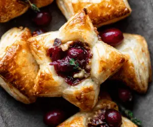 Golden cranberry and creamy Brie cheese puff pastry stars perfect for appetizers and holiday parties.