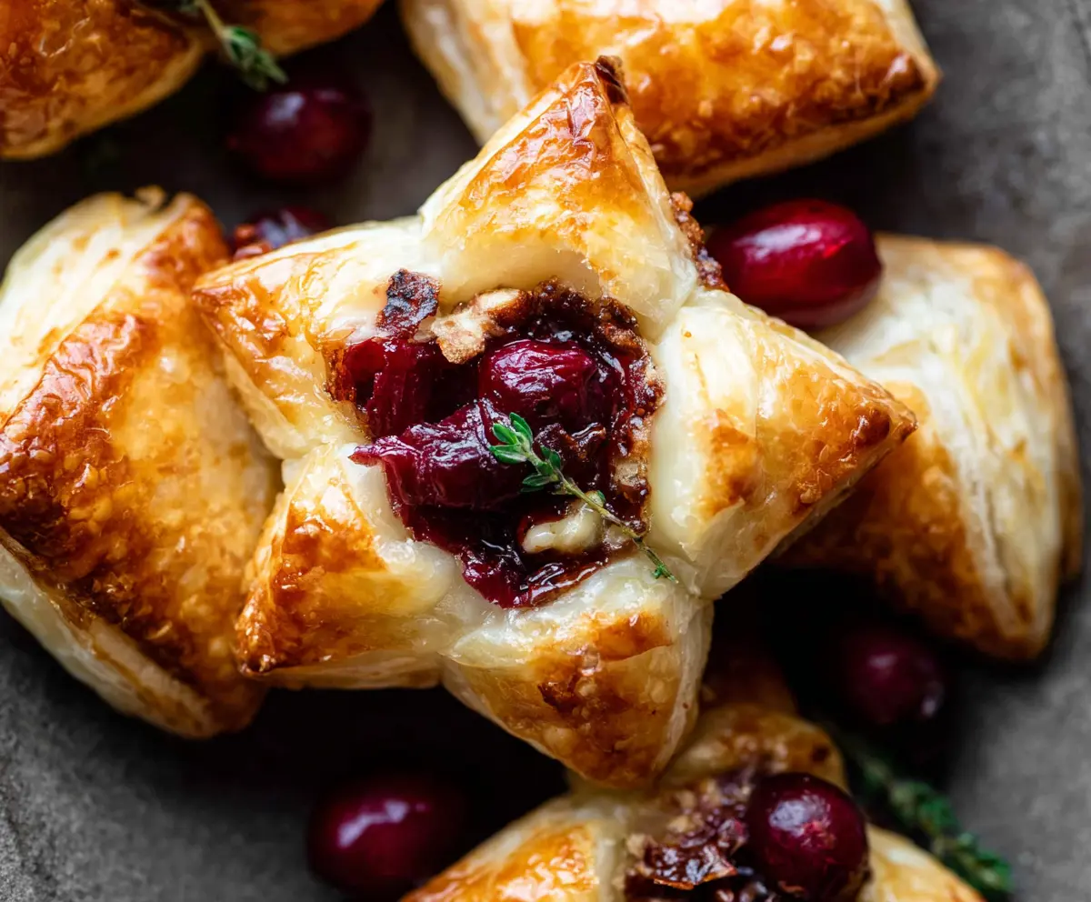 Golden cranberry and creamy Brie cheese puff pastry stars perfect for appetizers and holiday parties.