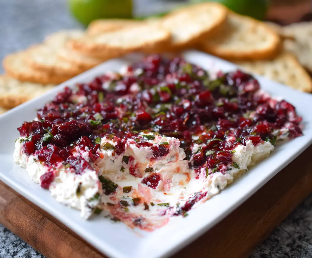 Creamy cranberry and jalapeño cream cheese dip garnished with fresh herbs, perfect for parties.