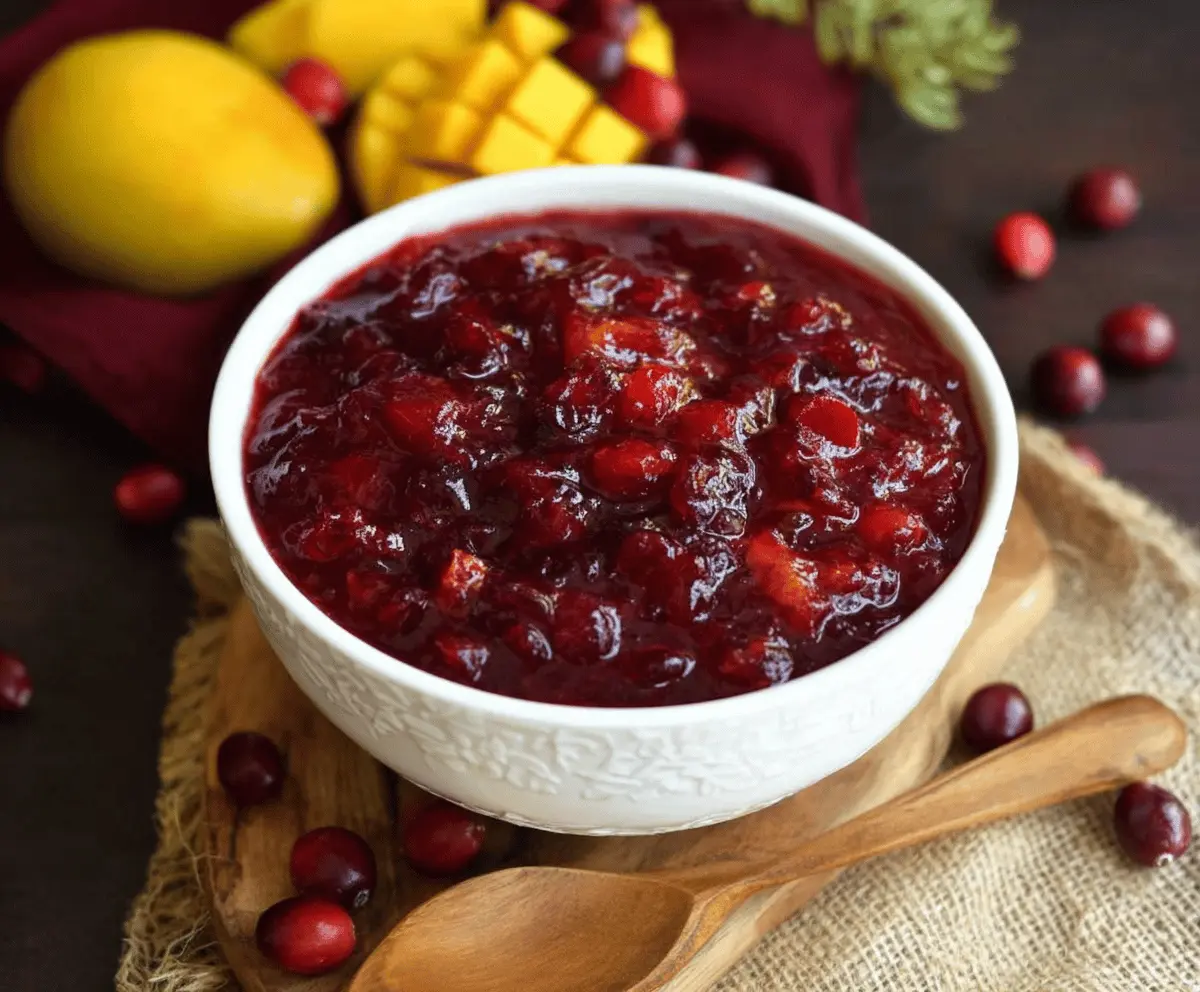 Vibrant cranberry mango sauce served in a white bowl with fresh ingredients surrounding it.