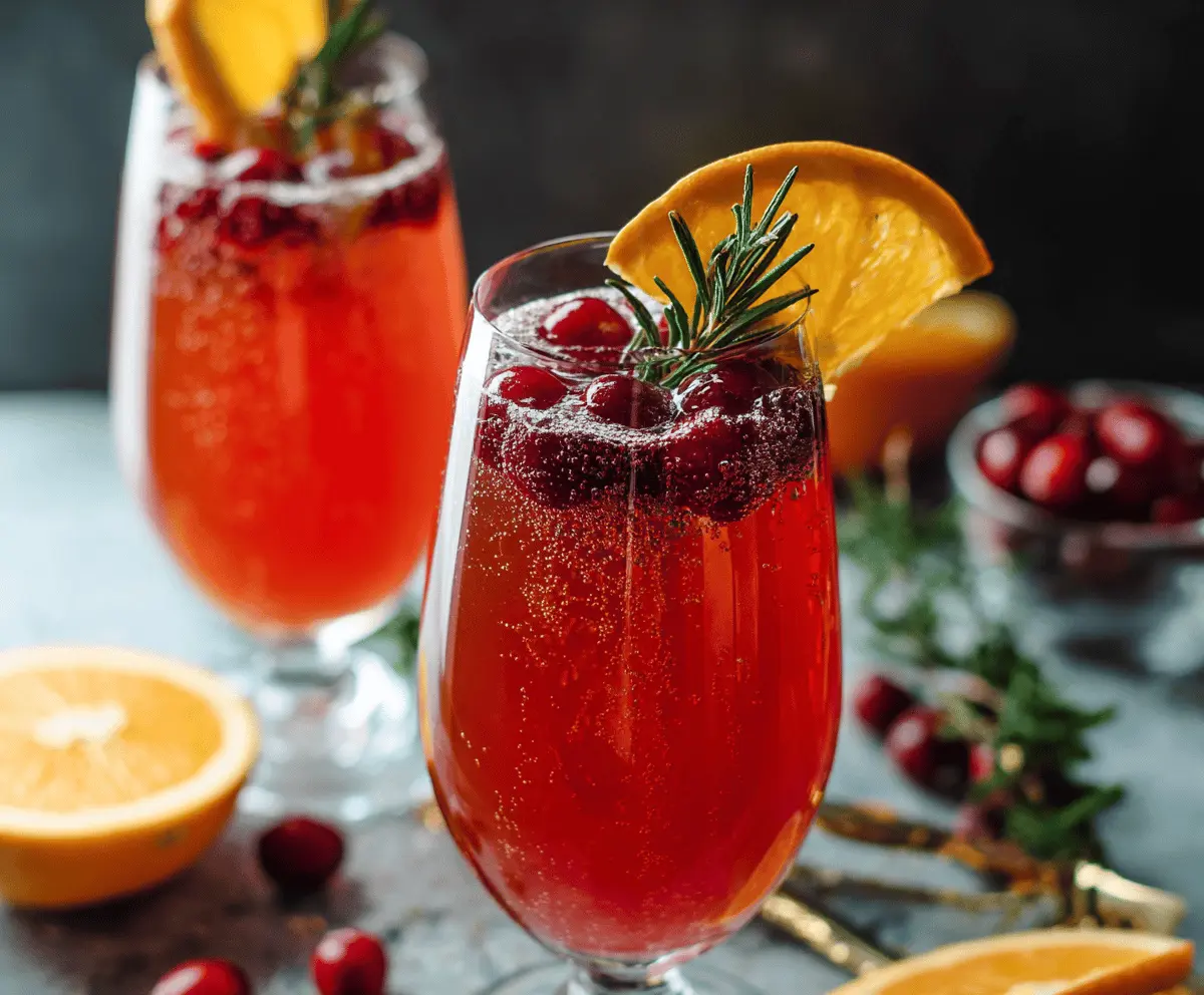 Refreshing Cranberry Orange Prosecco Cocktail in a glass with cranberries and orange slices