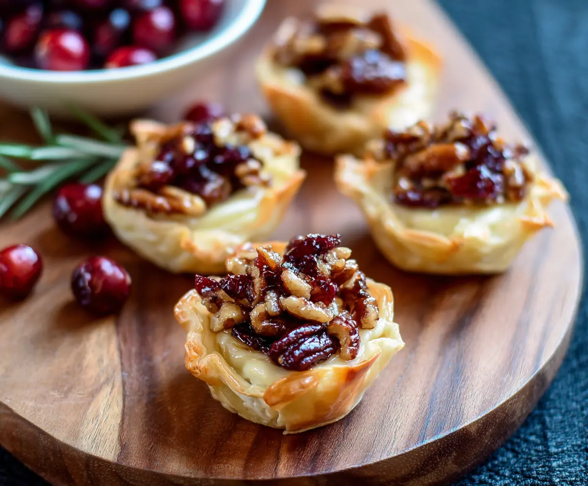Delicious Cranberry Pecan Baked Brie Cups served on a platter, perfect for appetizers.