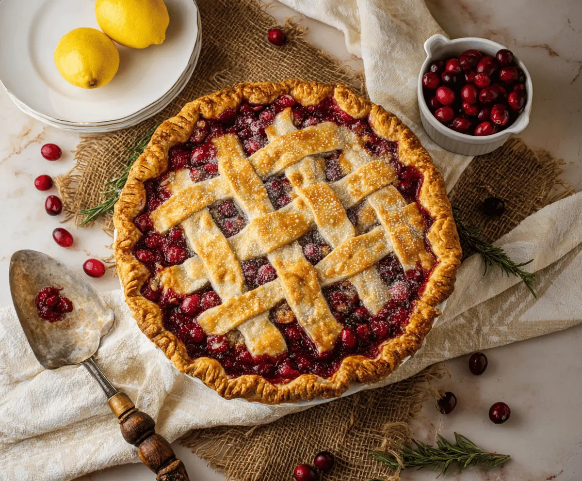 Delicious homemade cranberry pie with a golden crust and fresh cranberries on top.