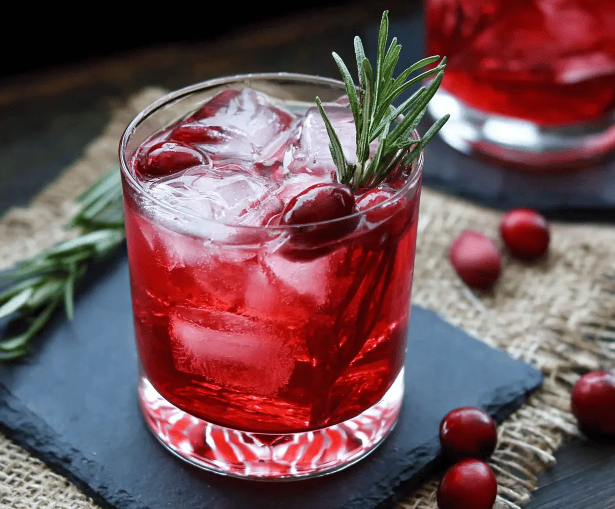 Refreshing Cranberry Rosemary Vodka Cocktail garnished with fresh cranberries and rosemary sprigs.