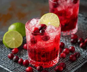Elegant cranberry vodka cocktail garnished with fresh cranberries and a sprig of mint, served in a clear glass.