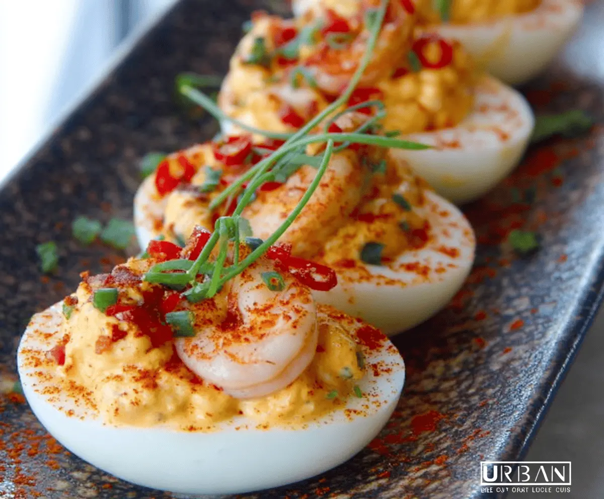 Delicious Crawfish Deviled Eggs garnished with fresh herbs on a white plate.