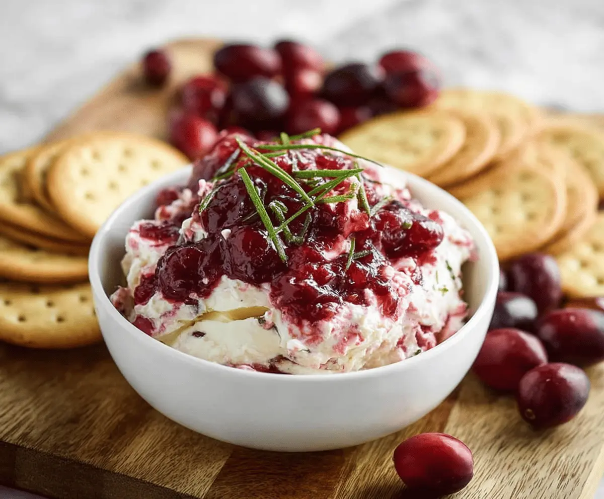 Cream cheese cranberry dip served with fresh cranberries and crackers for a festive appetizer.
