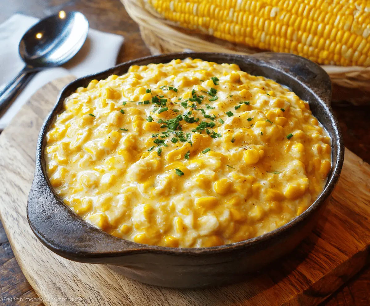 Creamed corn in a white bowl with a creamy texture and fresh herbs garnishing.