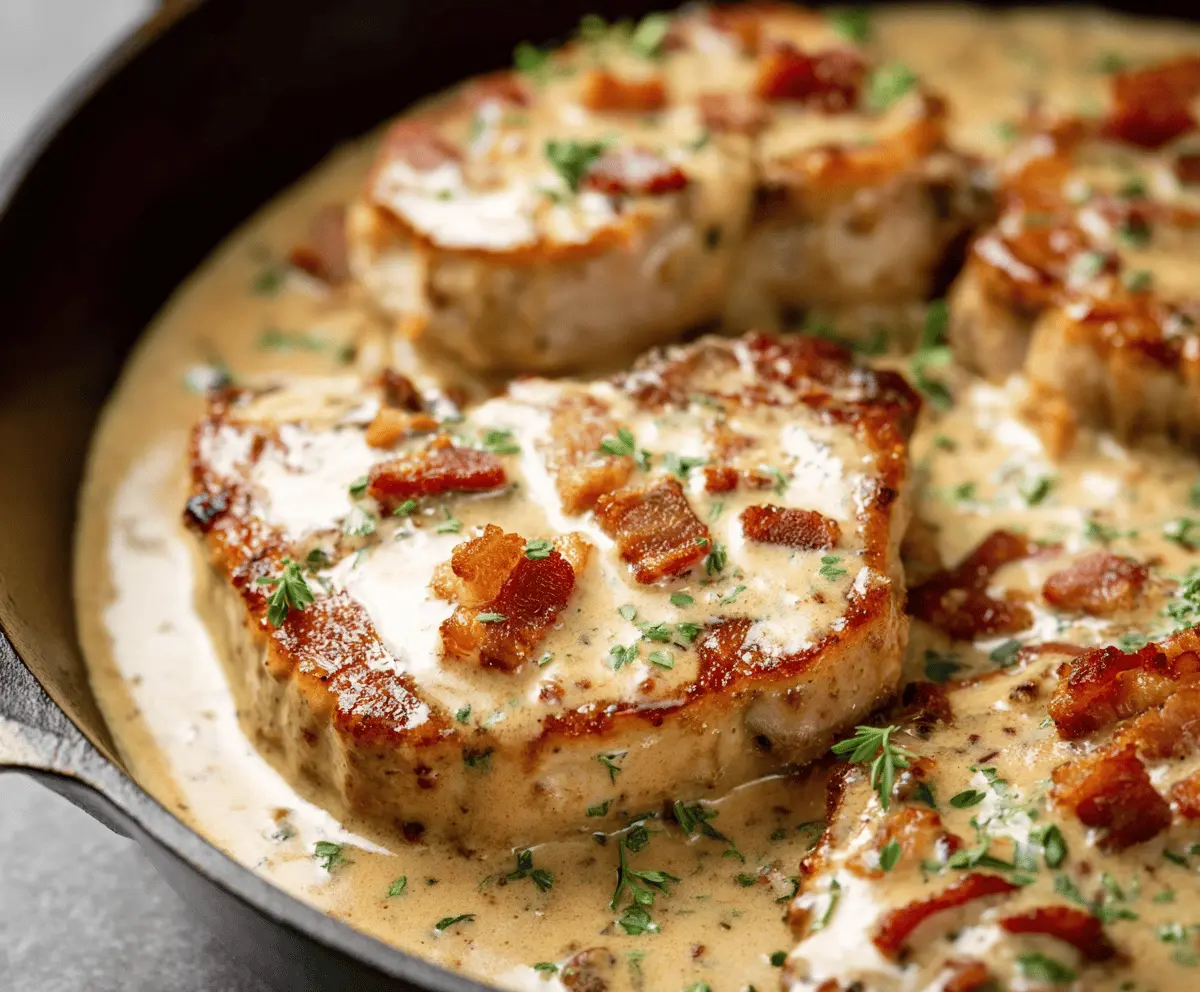Delicious creamy bacon pork chops on a plate garnished with herbs