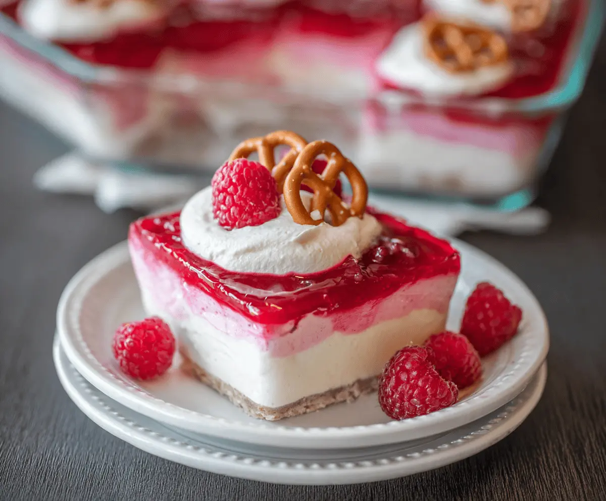 Delicious creamy raspberry pretzel dessert with a crunchy crust and fresh raspberry topping