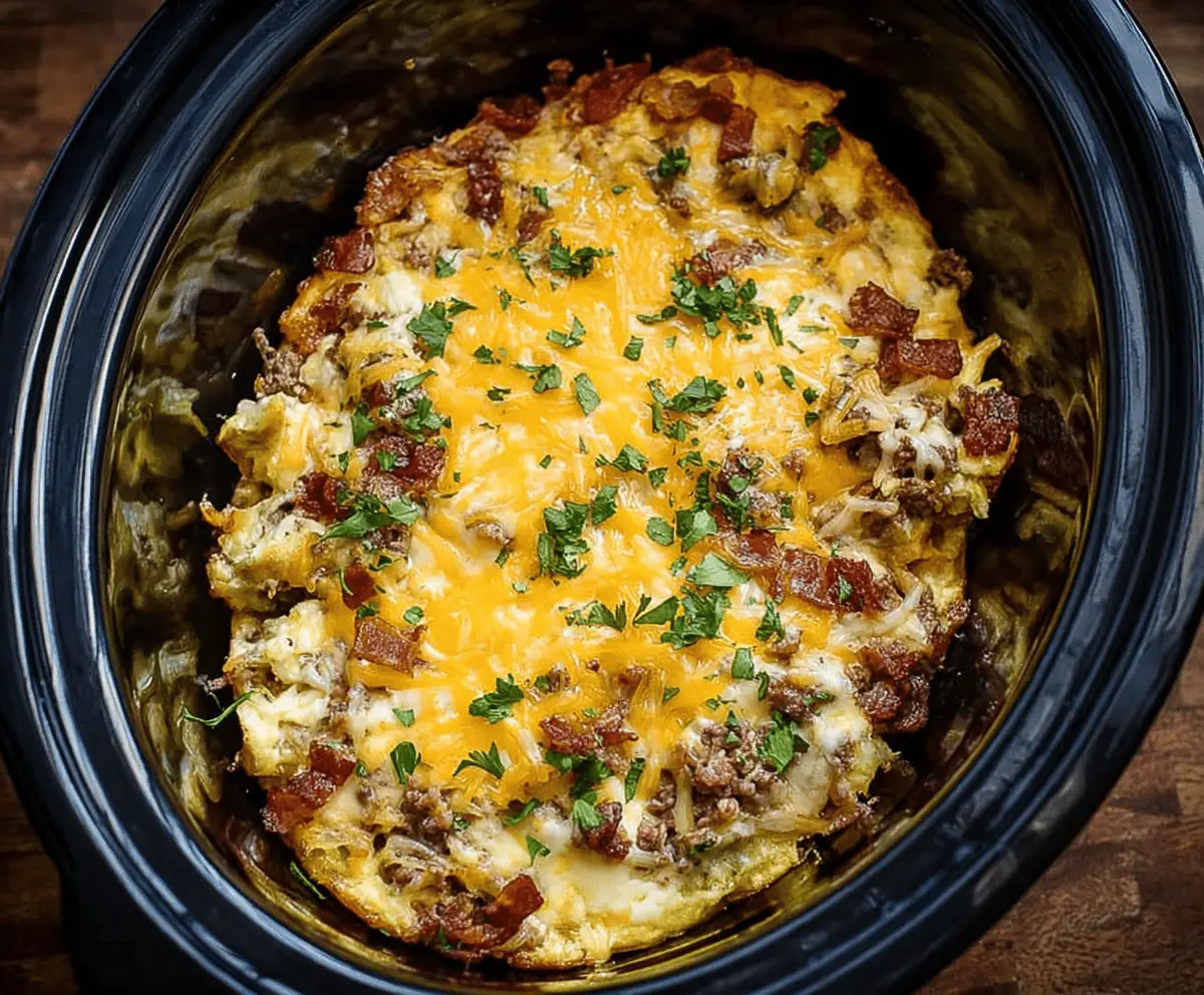 Delicious Crockpot Breakfast Casserole with eggs, sausage, and cheese in a slow cooker.