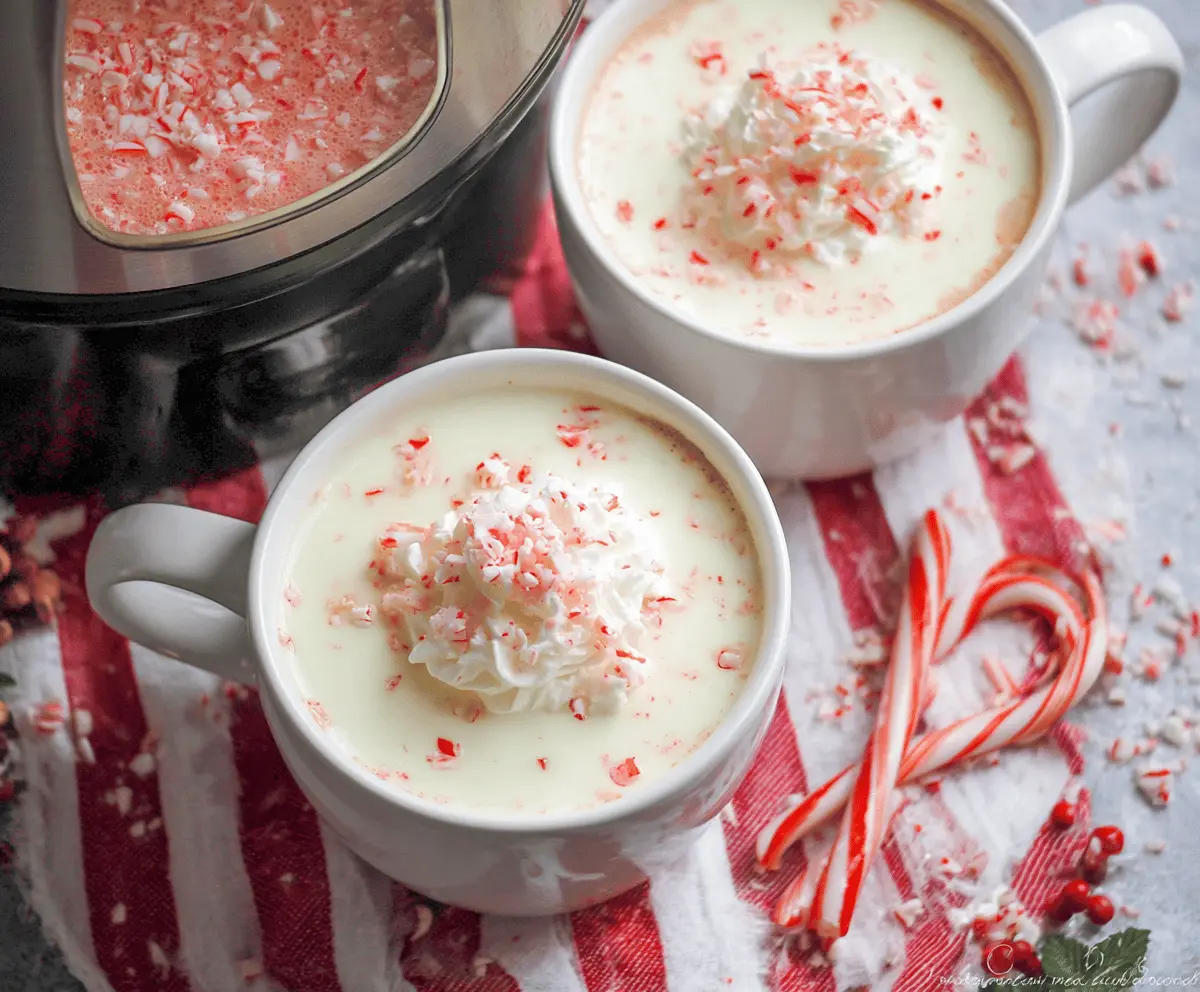 Creamy Crockpot Candy Cane White Hot Chocolate in a festive mug with peppermint garnish