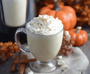 Creamy Crockpot Pumpkin Pie White Hot Chocolate in a mug with whipped cream and cinnamon dusting.