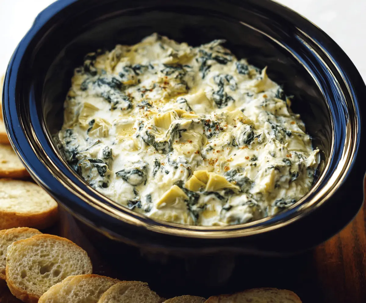Creamy crockpot spinach artichoke dip served in a bowl, perfect for parties and snacks.