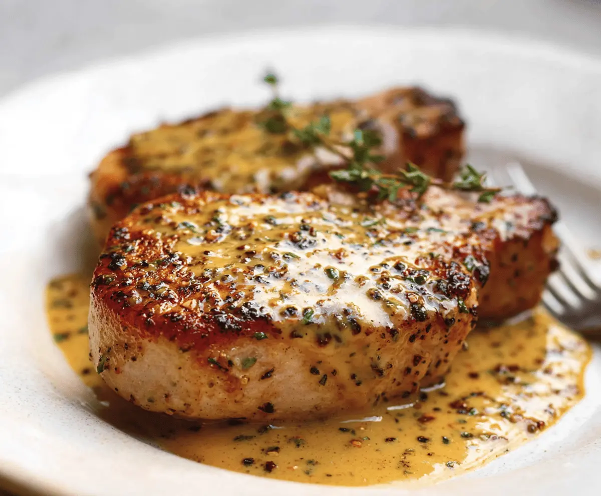Succulent Dijon Pork Chops garnished with fresh herbs on a rustic plate.