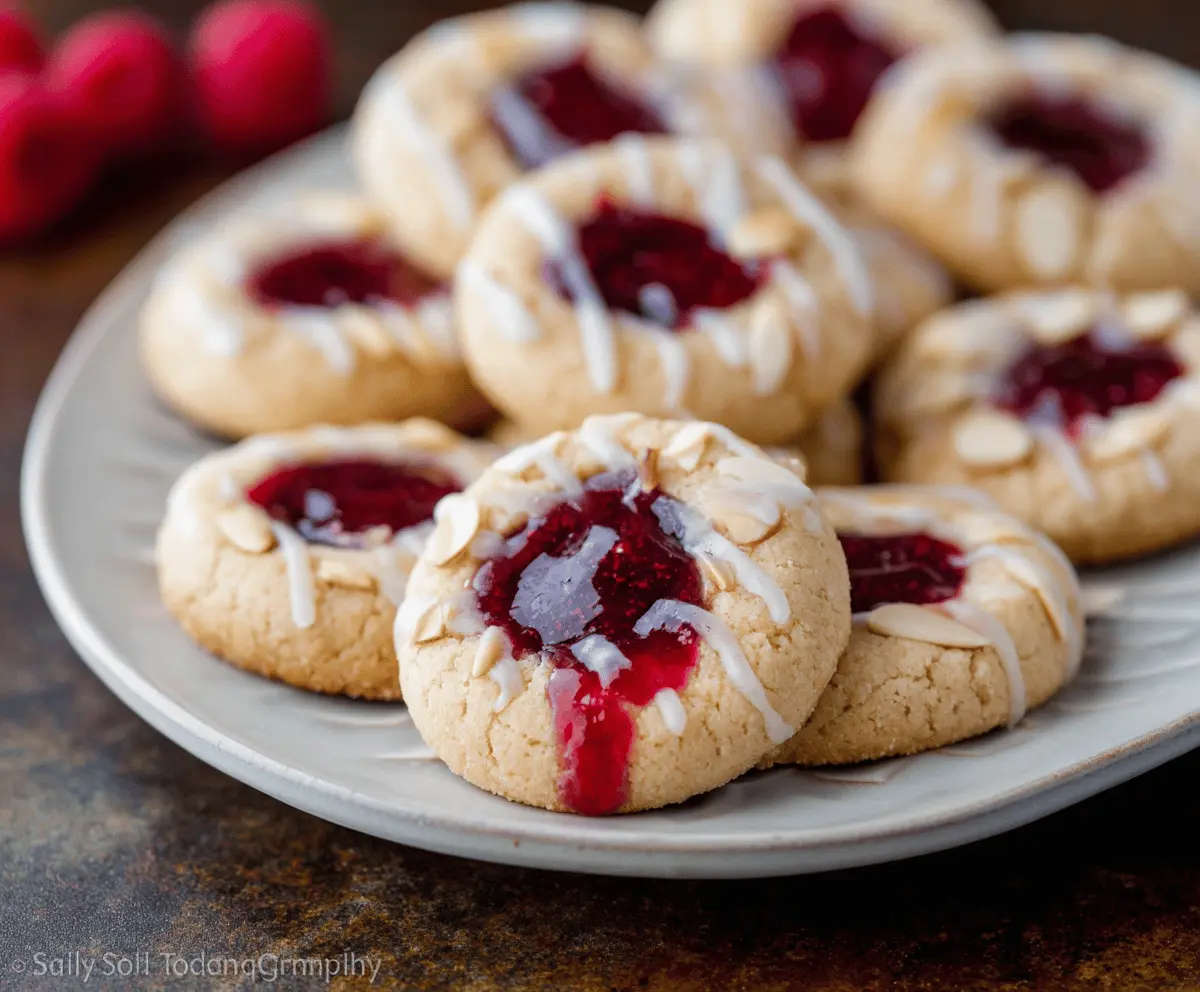 Delicious Raspberry Almond Thumbprint Cookies arranged on a plate, showcasing their golden-brown crust and raspberry filling.