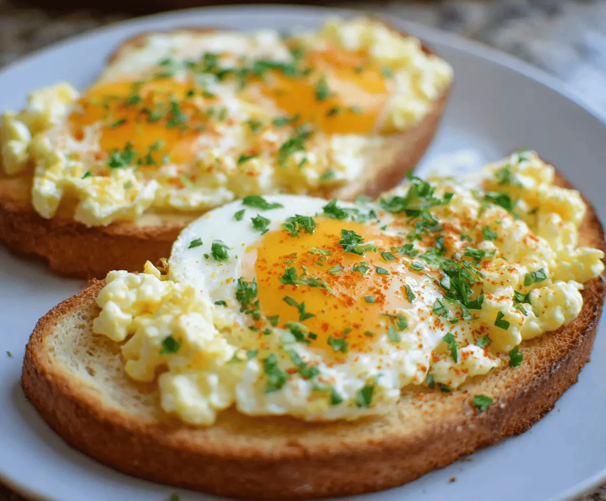 Delicious crispy egg toast with golden-brown edges on a white plate.