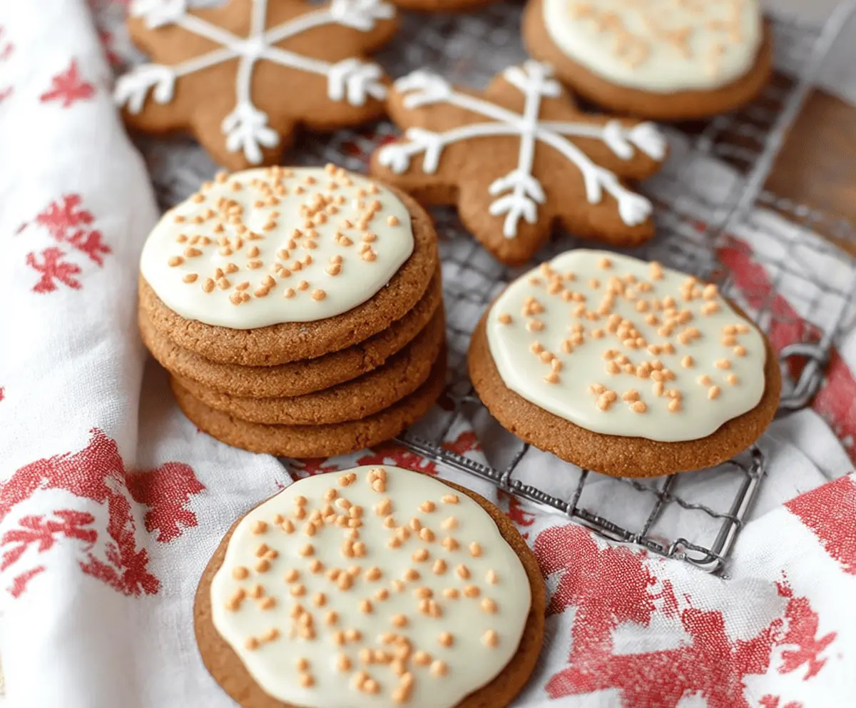 Delicious Eggnog Iced Gingerbread Cookies decorated with festive icing and sprinkles.