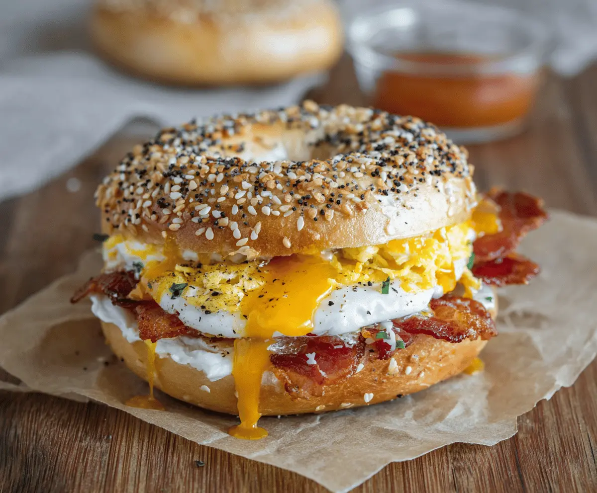 Delicious everything bagel breakfast sandwich with eggs, cheese, and bacon on a wooden table