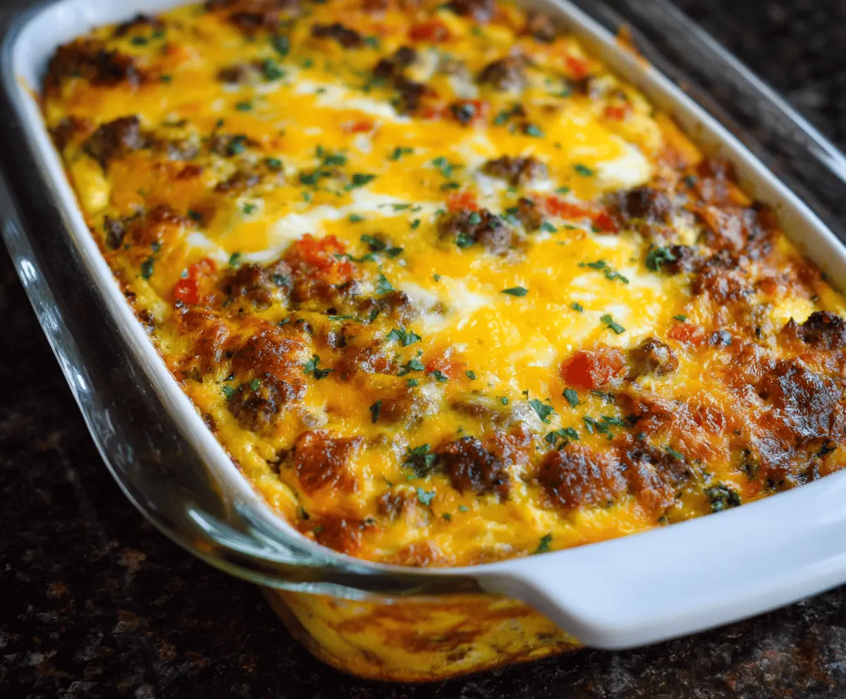 Delicious Firemans Breakfast Casserole with eggs, sausage, and cheese served in a baking dish.