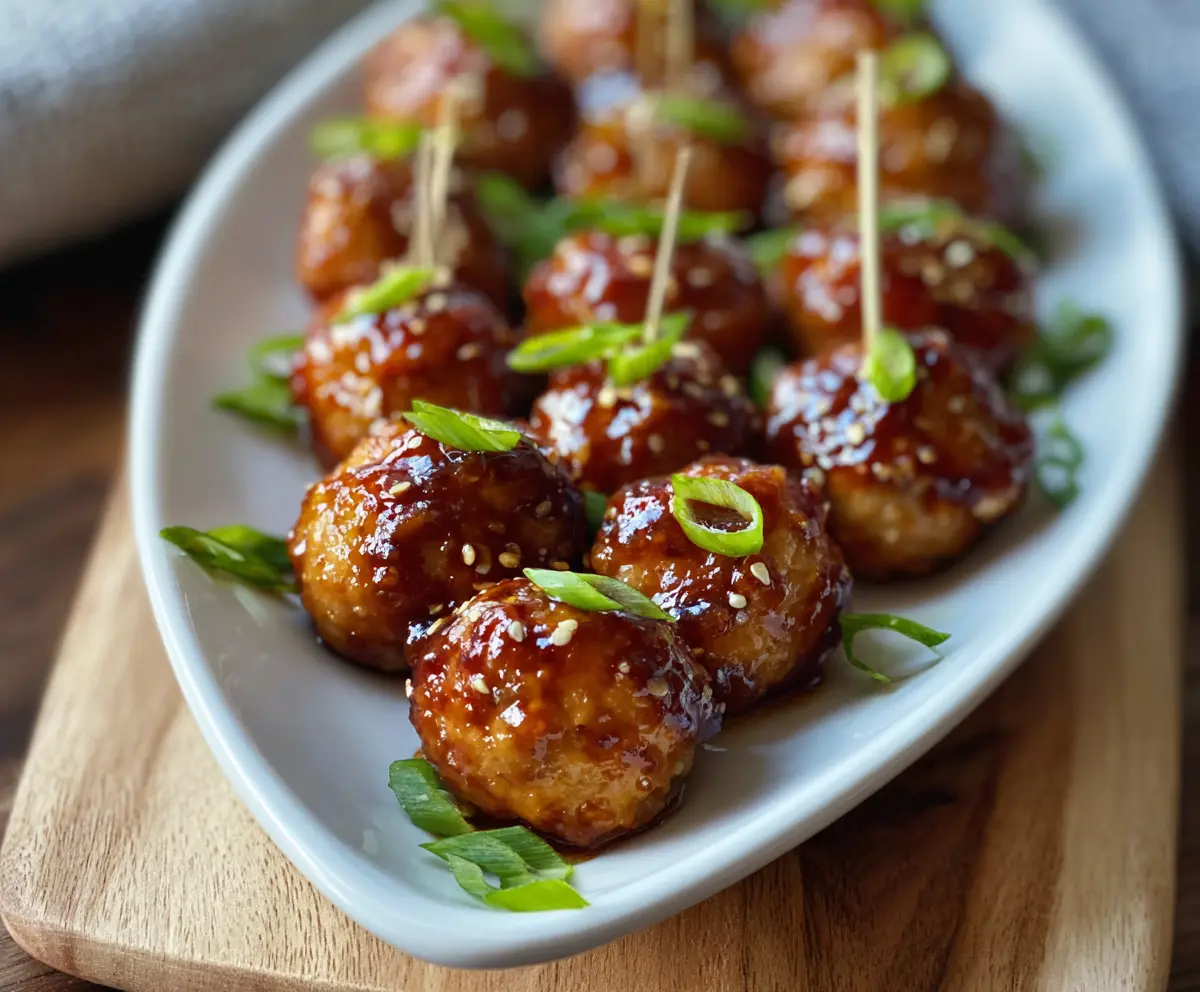 Delicious ginger glazed turkey meatball bites served on a platter, showcasing a savory appetizer with a shiny glaze.