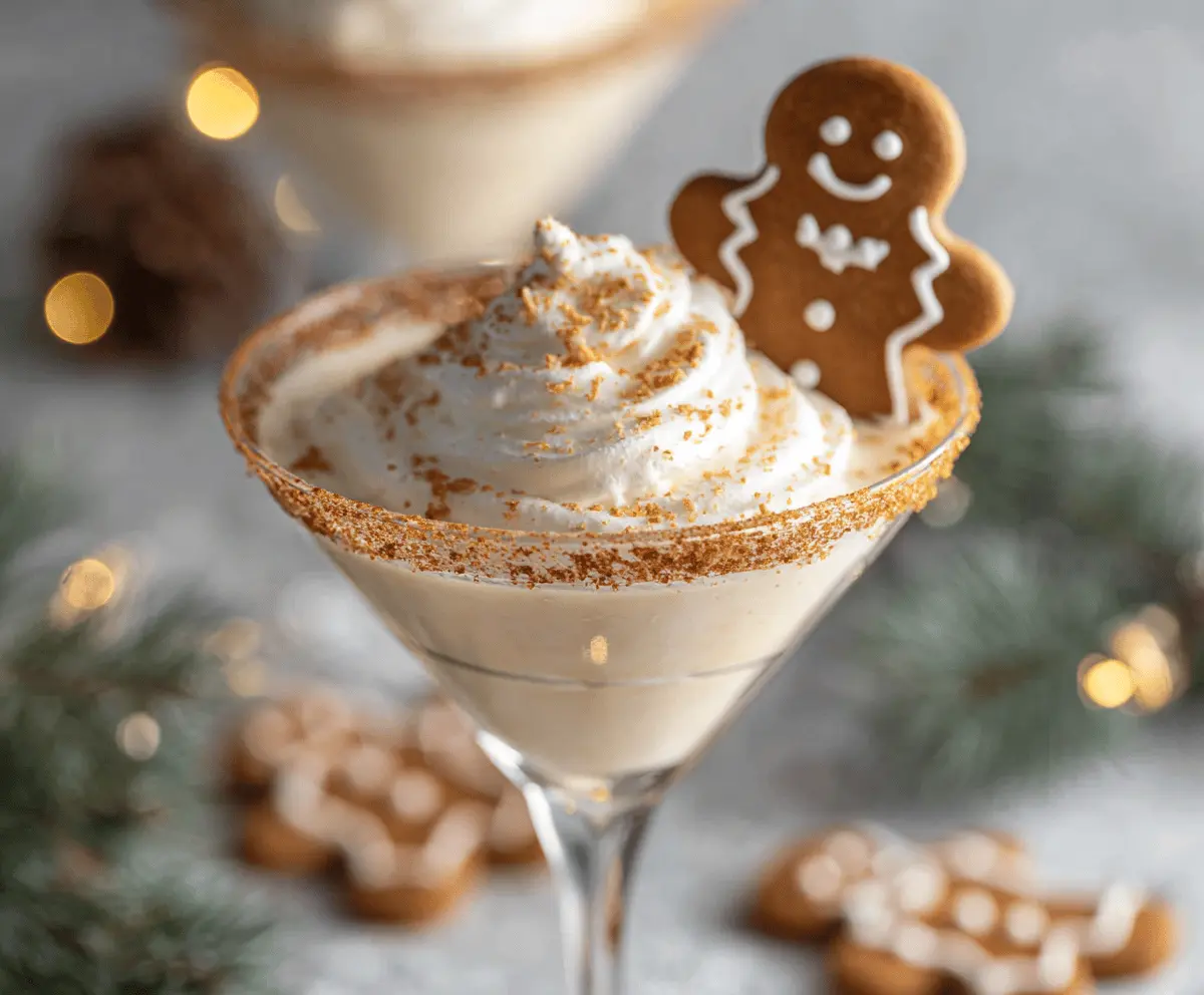 Delicious Gingerbread Cookie Martini garnished with a cinnamon stick in a elegant glass.
