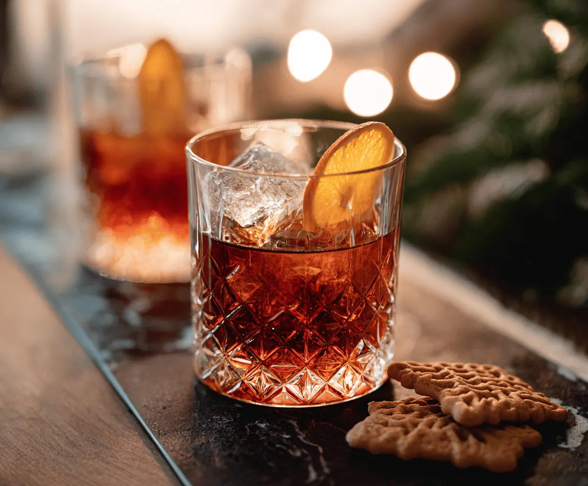 A festive gingerbread Negroni cocktail garnished with gingerbread cookie and orange slice on a holiday table