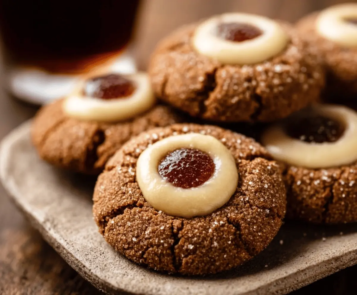 Delicious homemade gingerbread thumbprint cookies with a caramel filling, perfect for holiday treats
