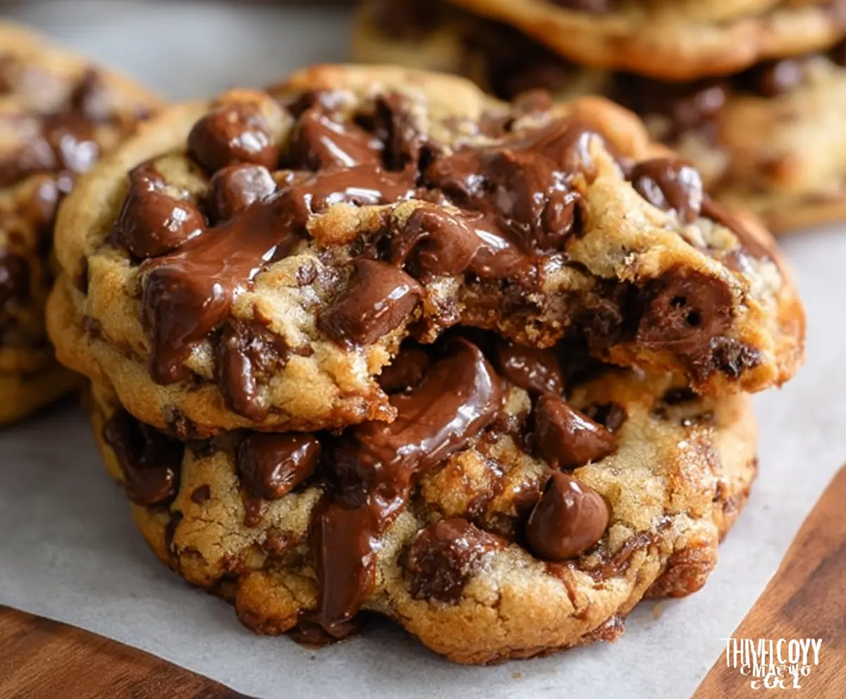 Delicious gooey chocolate chip cookies fresh out of the oven with melted chocolate chunks