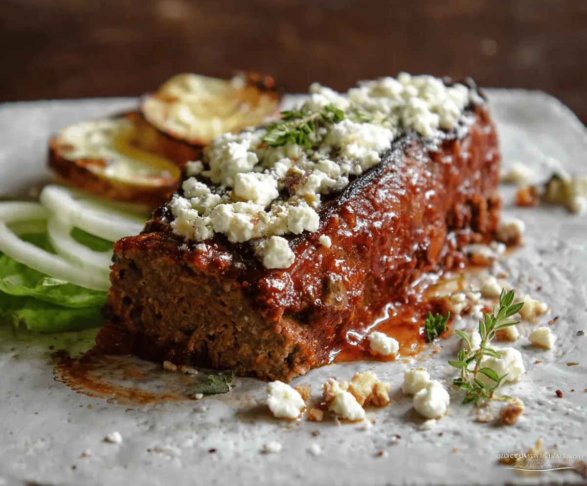 Delicious Greek Meatloaf served on a rustic plate with fresh herbs and lemon wedges.