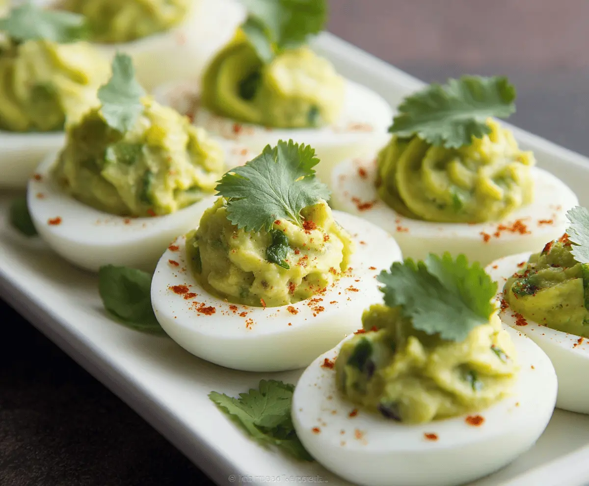 Creamy guacamole stuffed deviled eggs garnished with fresh herbs for a flavorful appetizer.