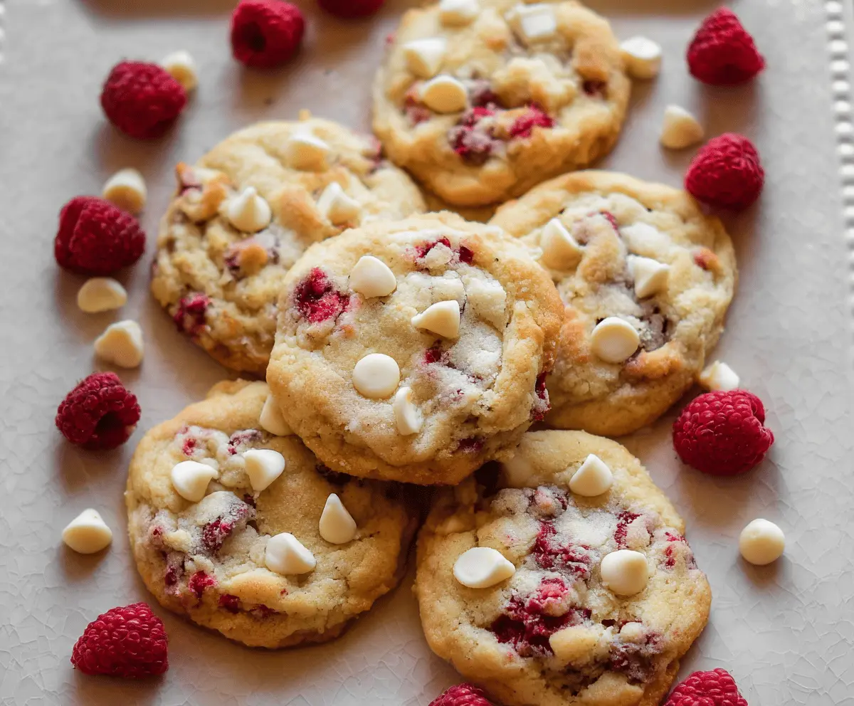 Homemade white chocolate raspberry cheesecake cookies on a plate with fresh raspberries and white chocolate chunks.