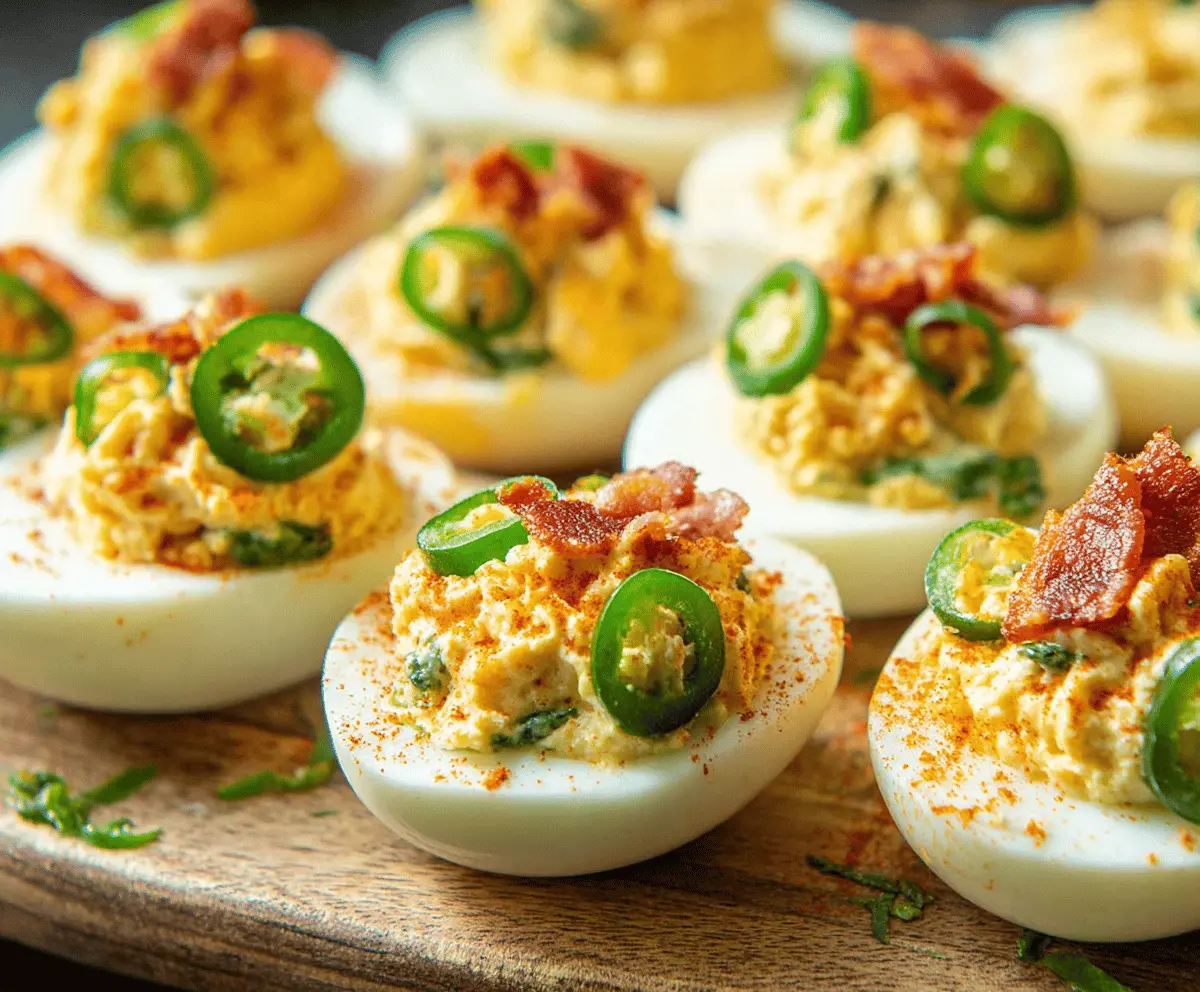 Creamy deviled eggs topped with spicy jalapeño slices and shredded cheese for a flavorful appetizer.
