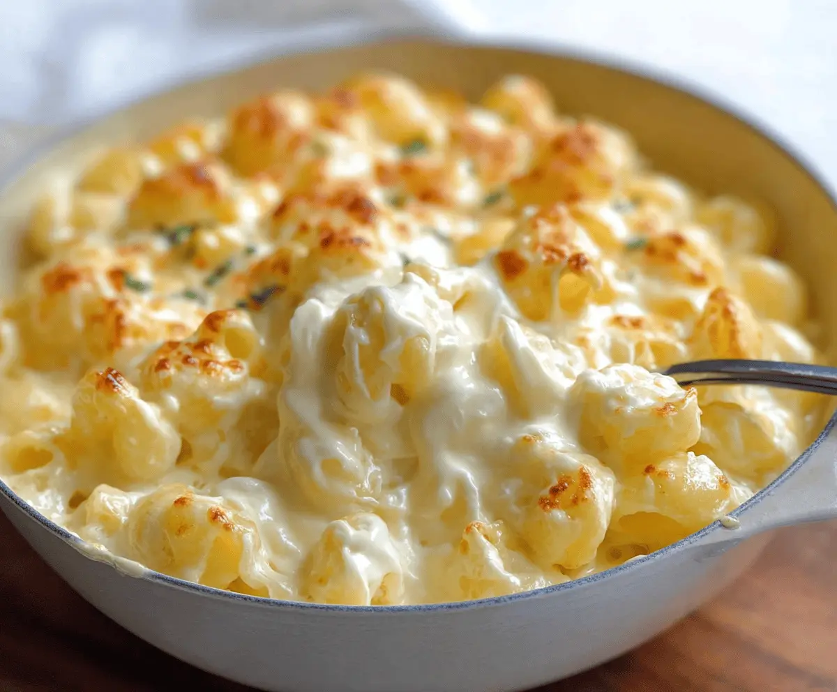 Joanna Gaines Mac and Cheese with Cream Cheese in a baking dish, topped with herbs