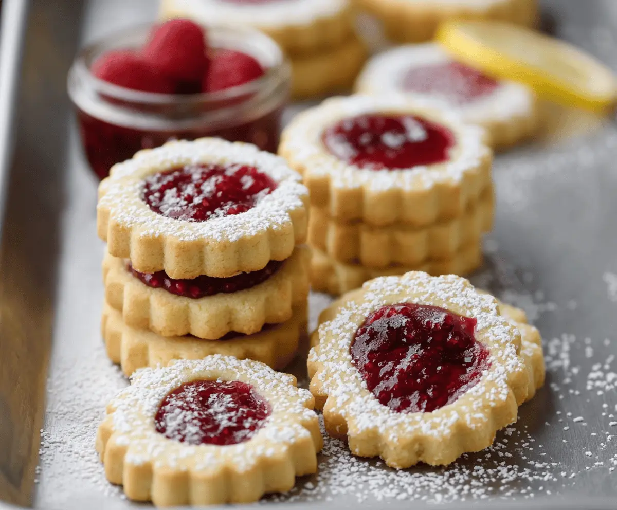 Delicious Lemon Raspberry Shortbread Cookies on a white plate with fresh raspberries.