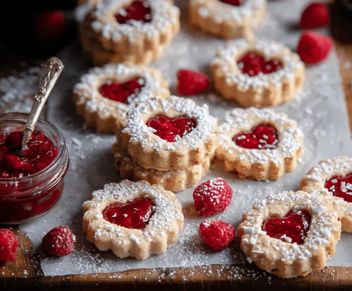 Delicious Linzer Raspberry Cookies with a vibrant raspberry jam filling and powdered sugar dusting.