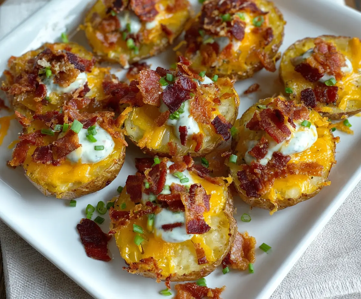 Close-up of Loaded Mini Potato Bites topped with melted cheese, bacon bits, and green onions on a rustic wooden platter.