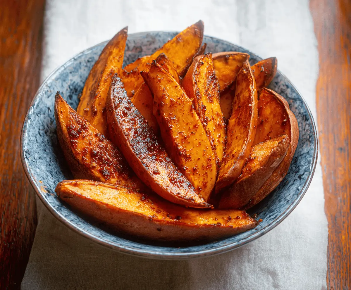 Crispy Maple Chili Sweet Potato Wedges served on a plate with herbs for a flavorful vegan snack