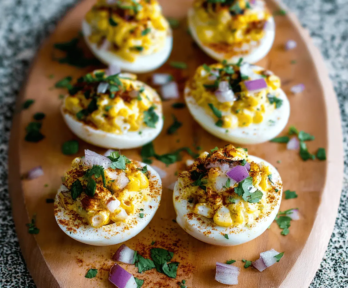 Delicious Mexican Street Corn Deviled Eggs topped with chili powder and fresh cilantro.