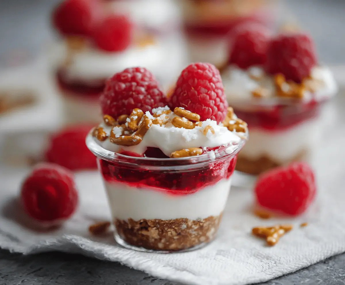 Delicious no-bake raspberry pretzel cups with a crunchy pretzel crust and fresh raspberry topping
