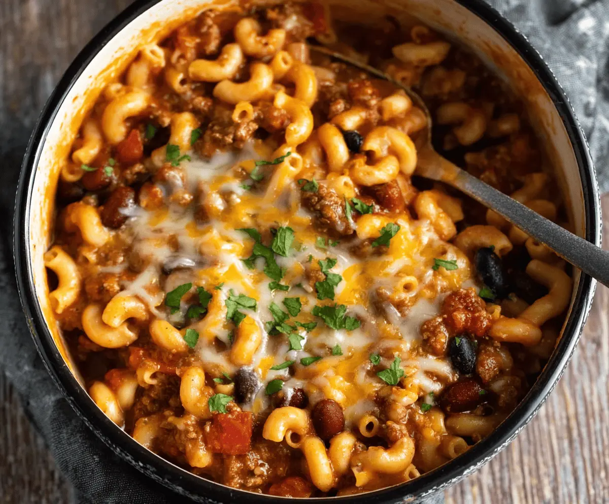 Delicious one pot chili mac and cheese in a skillet topped with shredded cheese and green onions.