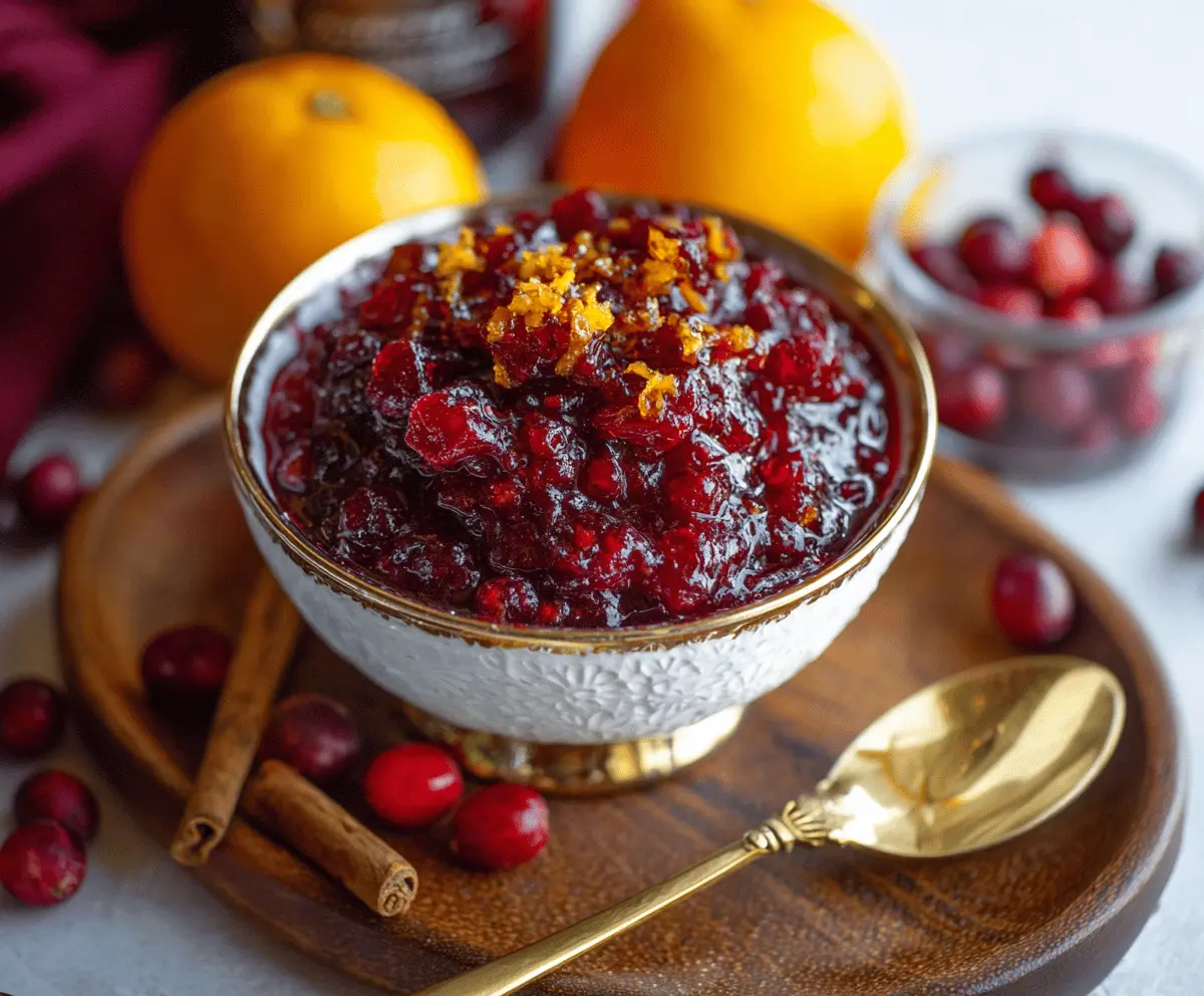 Bright orange amaretto cranberry sauce served in a glass bowl with fresh cranberries and orange slices.