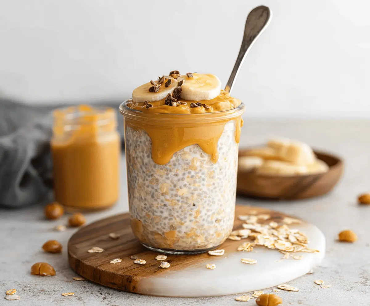 Healthy overnight oats with creamy peanut butter and fresh toppings in a glass jar.